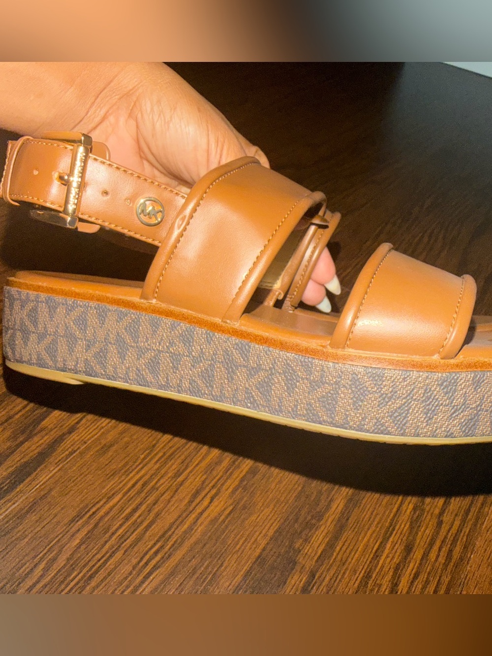 Michael Kors Brown Leather Platform Sandals with MK-Print Sole - Picture 5 of 8